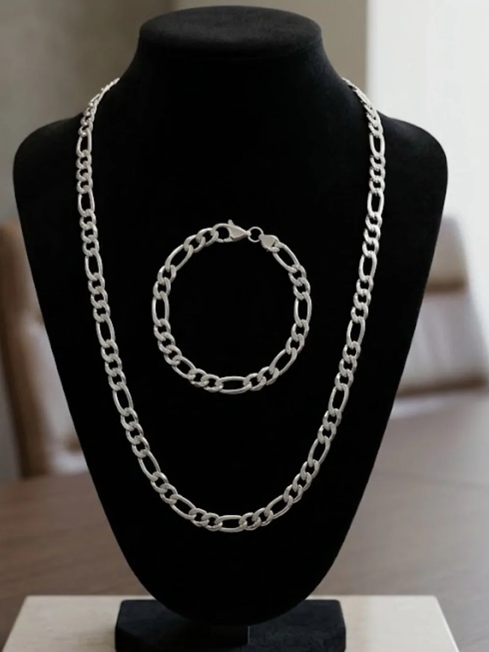 New Stainless Steel Figaro Chain Necklace (22”) & Bracelet (8”) Set